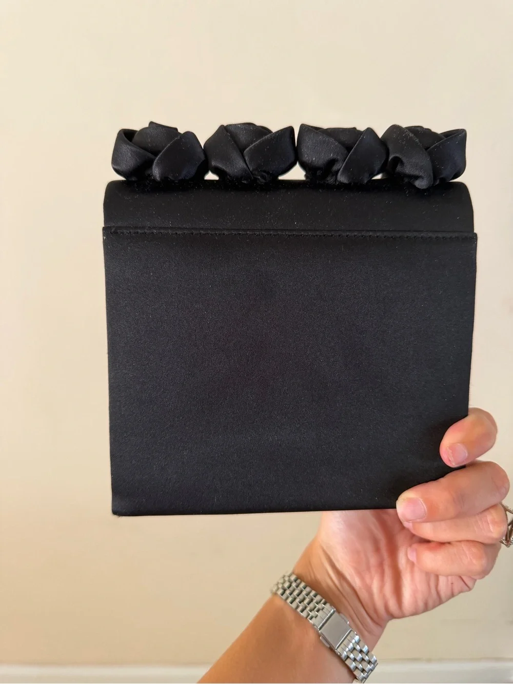 Elegant Black Satin Floral-Trim Evening Clutch